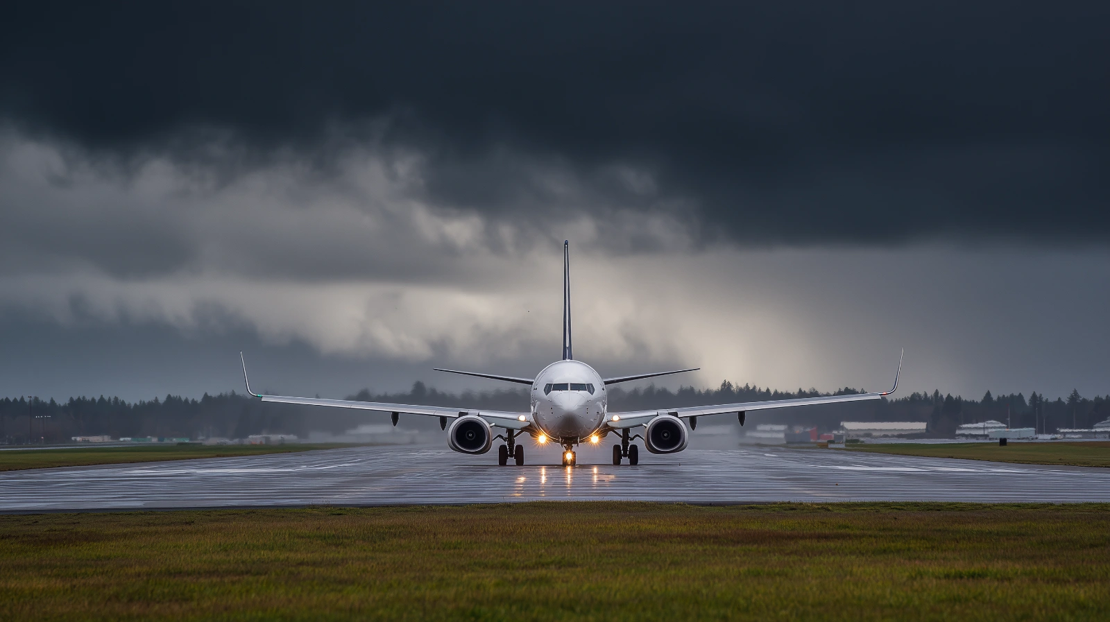 Boeing 737-800 at Military Air Station Runway Environment Boeing 737-800 on a runway environment at a military air station under overcast daylight