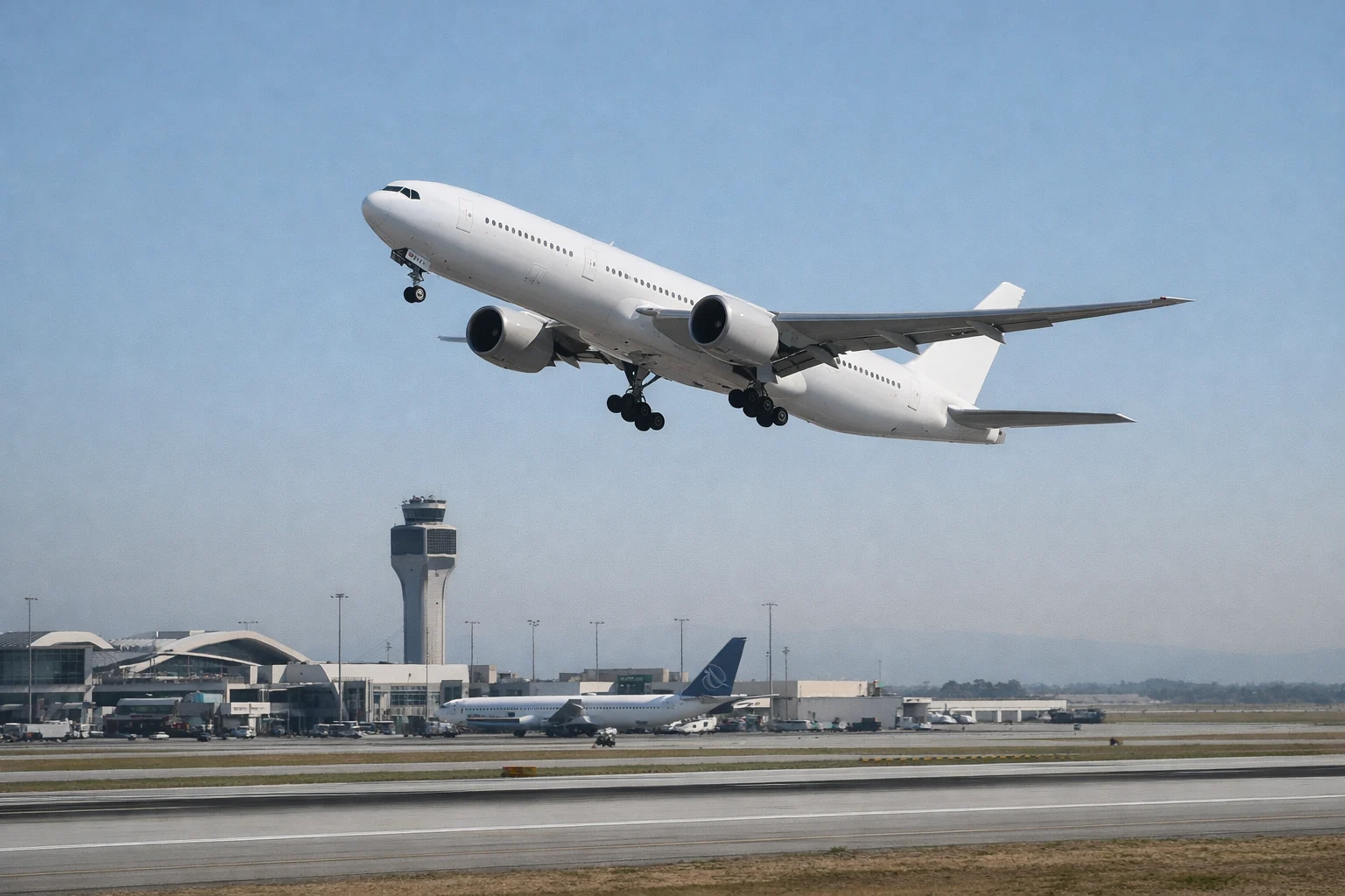 Boeing 777-200 Commercial Aircraft Boeing 777-200 commercial airliner departing from airport runway