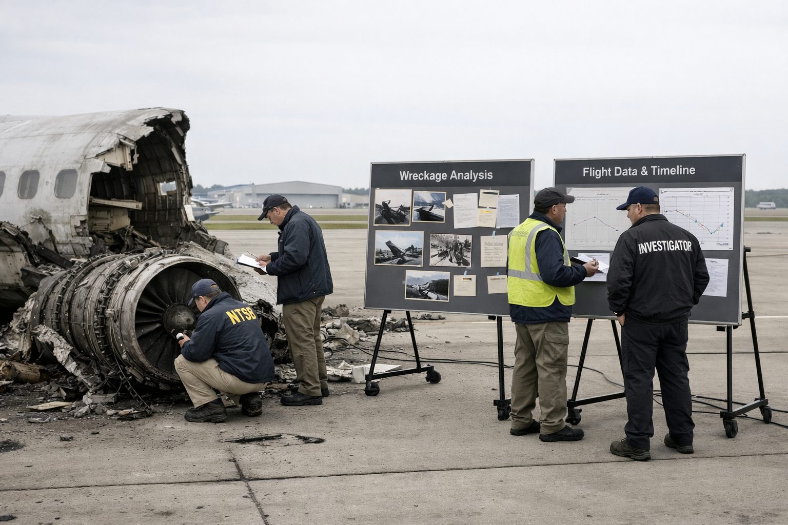 Aviation Accident Investigation Process Context Aviation investigators reviewing aircraft components during accident investigation