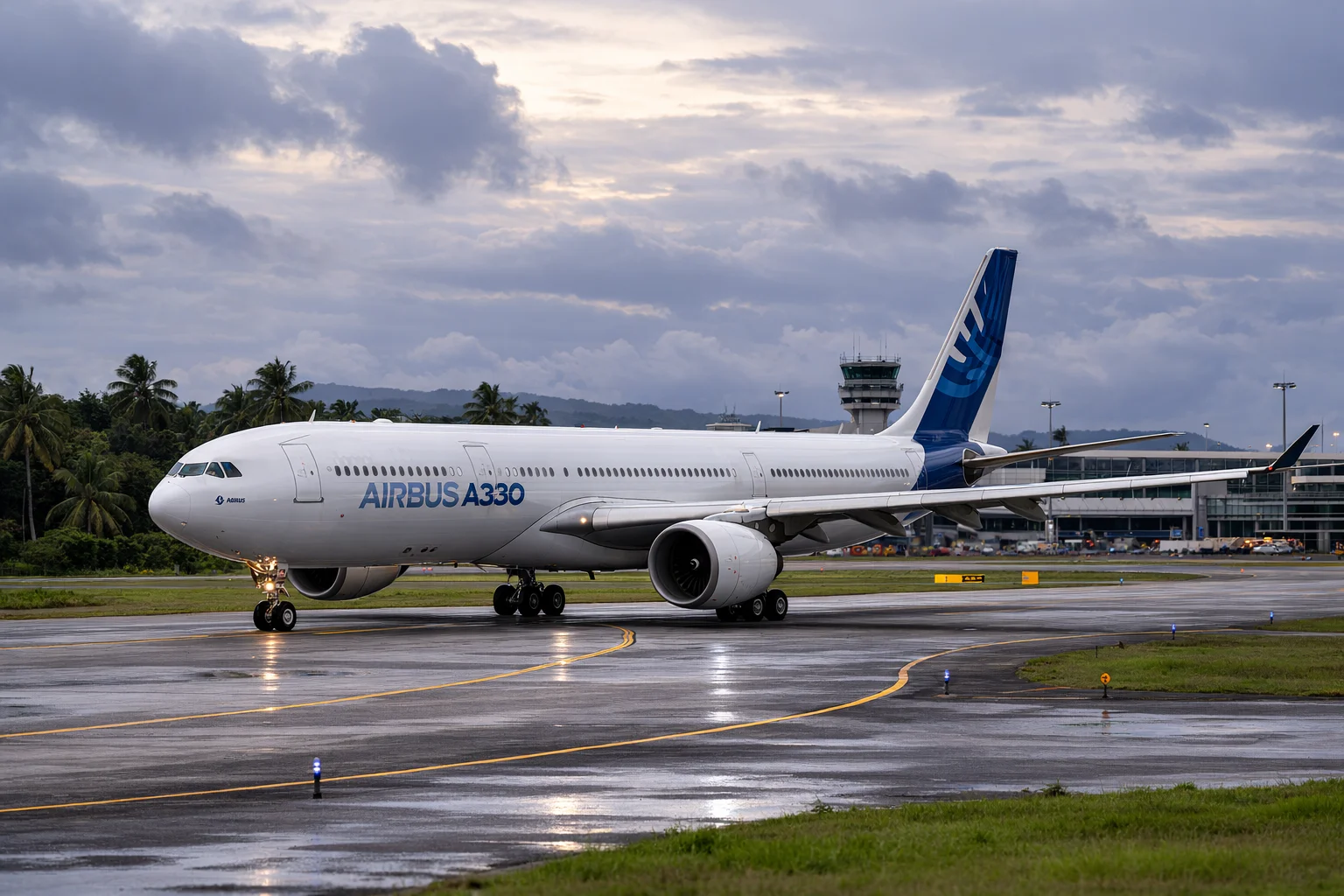 Airbus A330 at Tropical International Airport After Rain Airbus A330 airliner taxiing at a tropical international airport under overcast daylight after rain