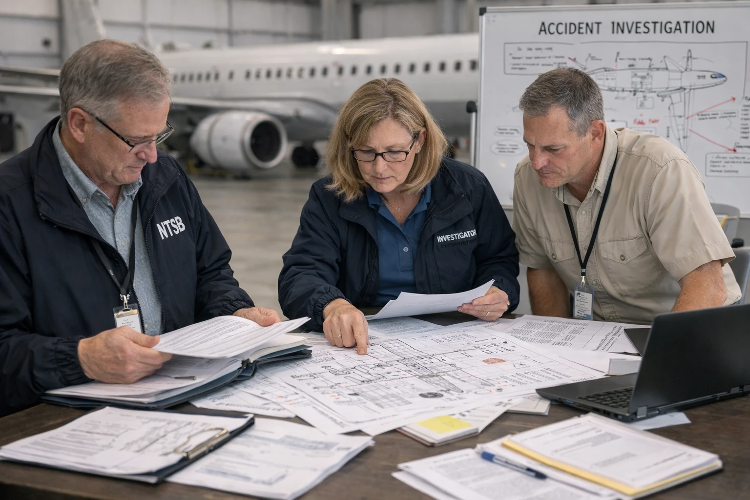 aviation investigators reviewing aircraft maintenance and engineering records during accident investigation