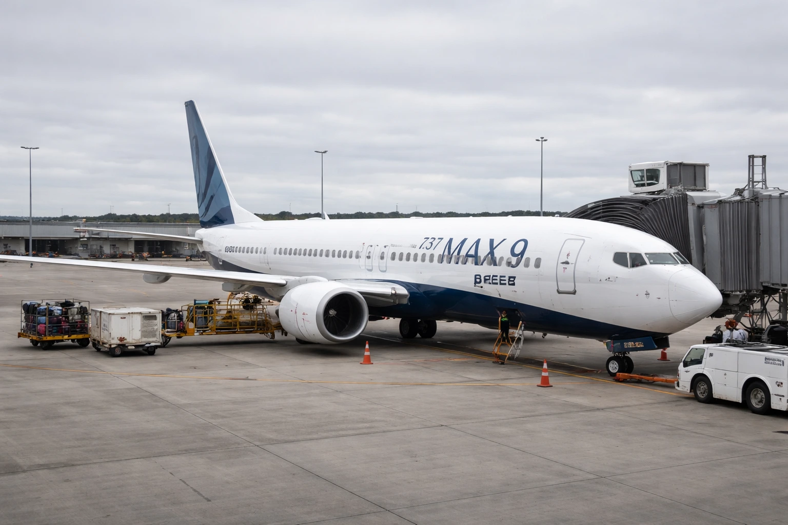 Boeing 737 MAX 9 Plug Door Investigation Context Boeing 737 MAX 9 at an airport gate representing Alaska Airlines Flight 1282 plug door investigation context