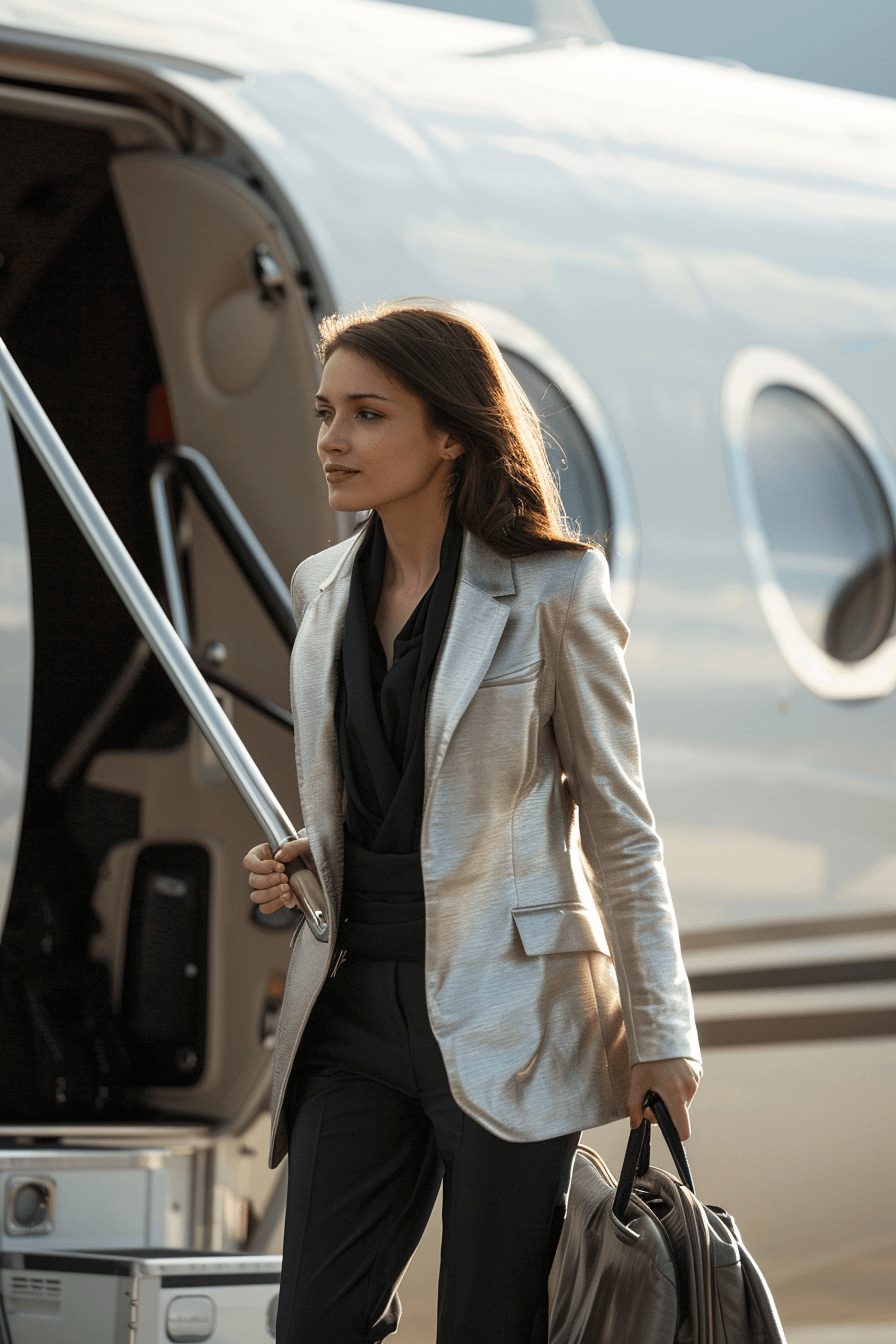 business-woman-exiting-aircraft A Business woman exits a corporate jet.