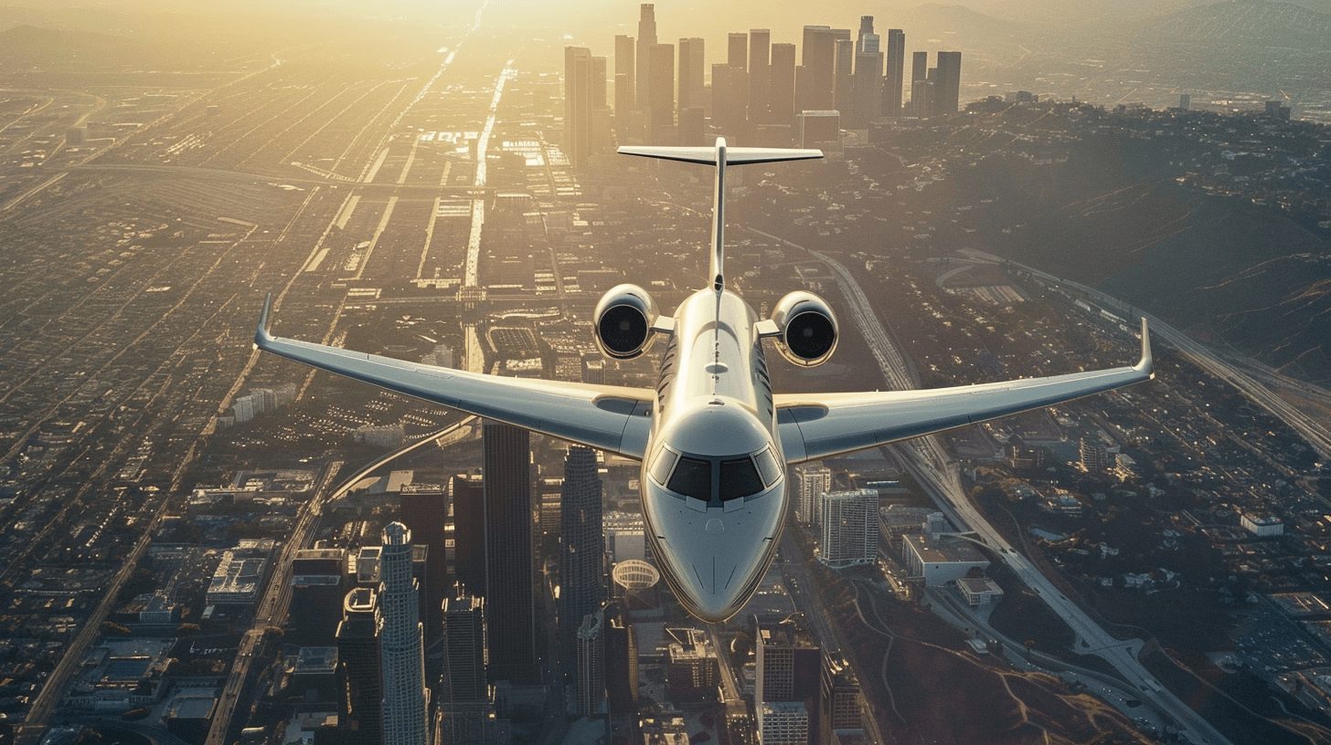 A corporate jet in flight over Los Angeles. A corporate jet in flight over Los Angeles.