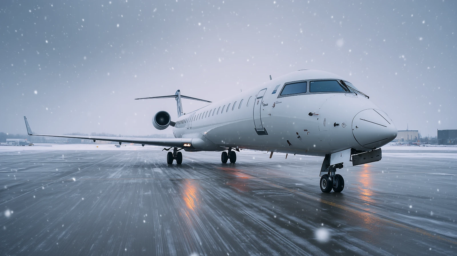 Regional jet aircraft in winter runway conditions CRJ-900 style regional jet on runway in winter conditions under overcast sky