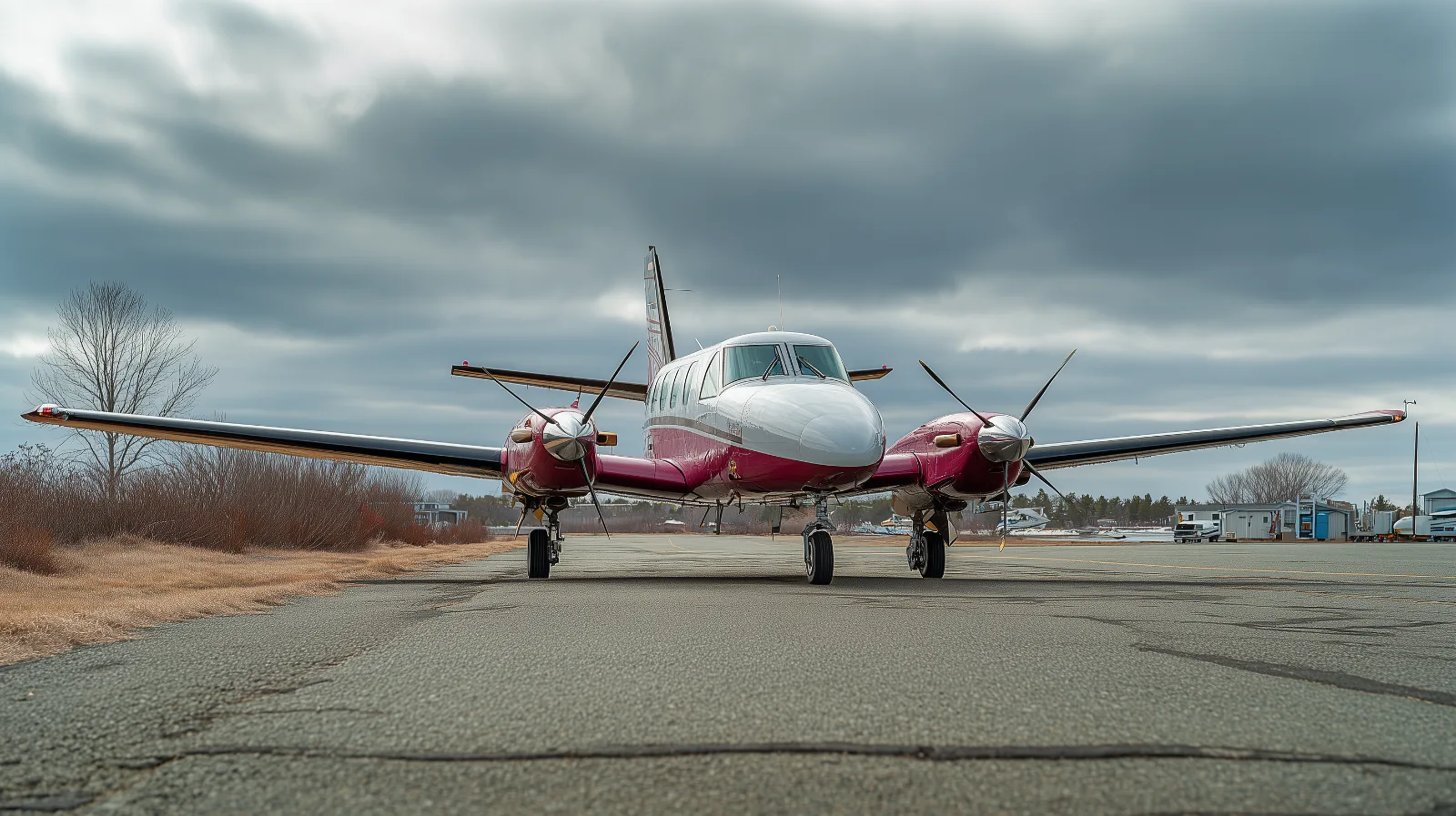 Mitsubishi MU-2 style twin-engine turboprop aircraft on a small regional airport ramp in overcast daylight