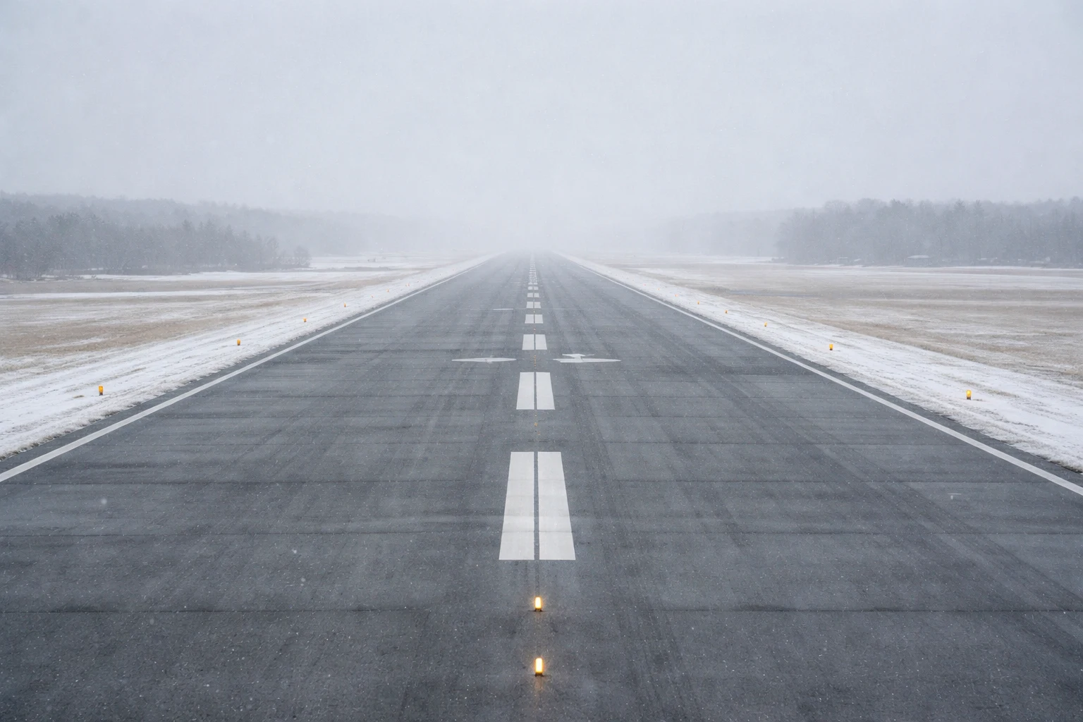 A winter runway with edge lights and markings visible through light haze