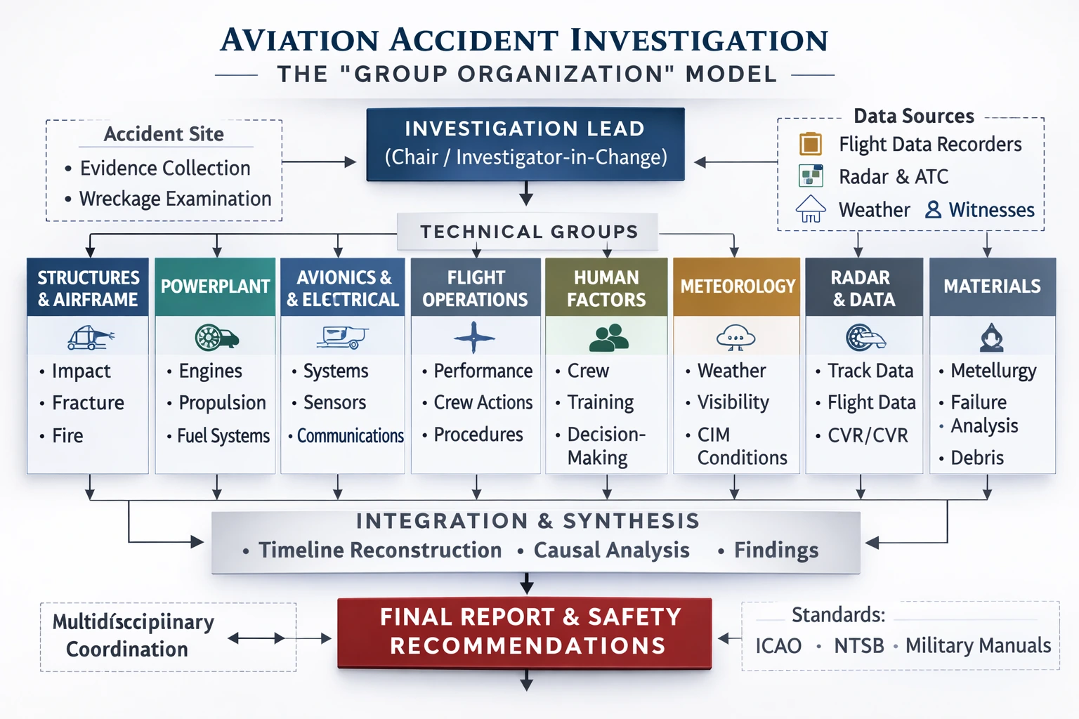 Group Organization Model in Aviation Accident Investigation Diagram illustrating the structured “group organization” model used in aviation accident investigation, showing investigative groups and integrated reconstruction.