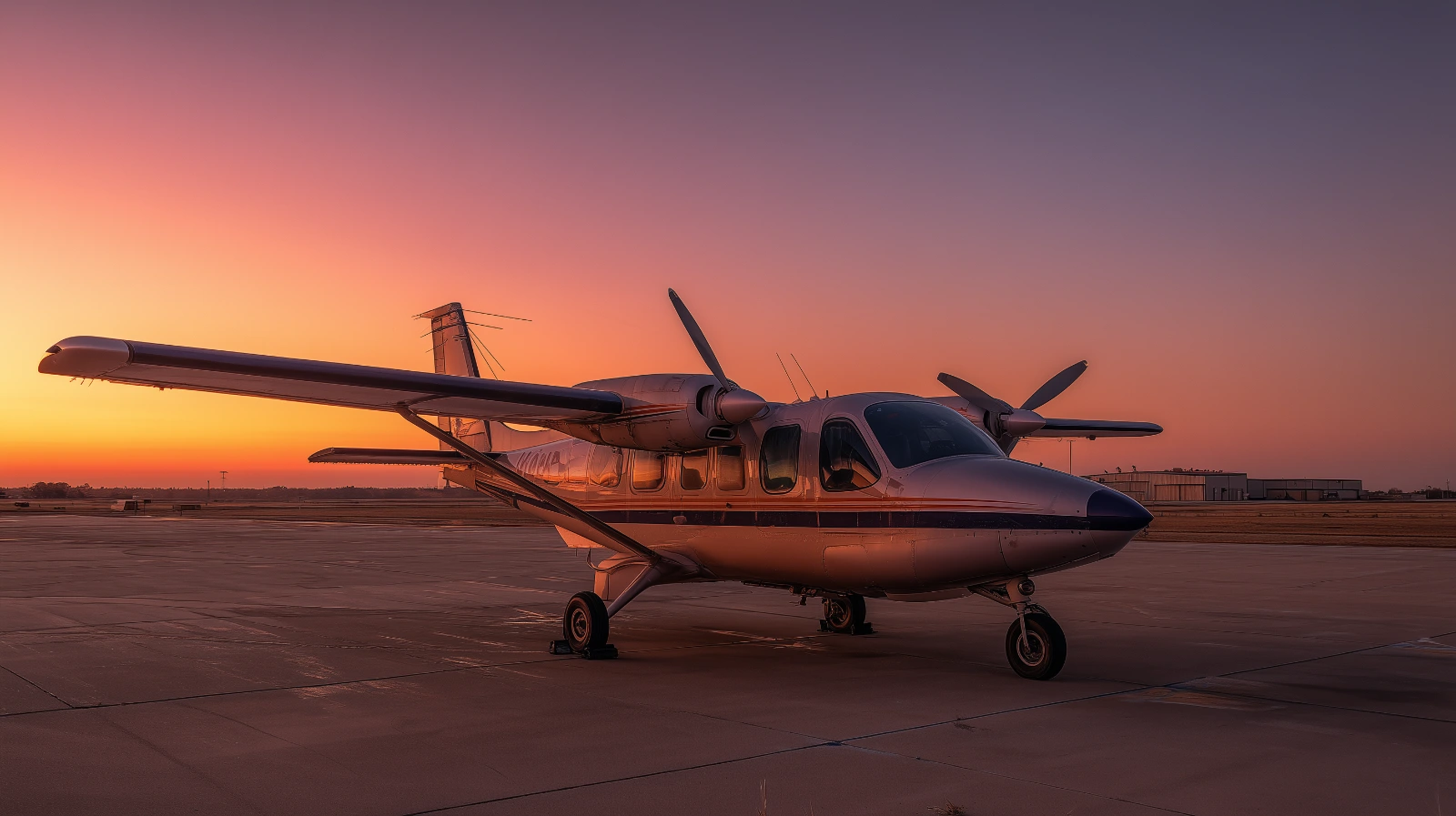 Twin-Engine Piston Aircraft on GA Ramp in Pre-Dawn Conditions Twin-engine piston aircraft on a general aviation ramp at a regional airport in pre-dawn light