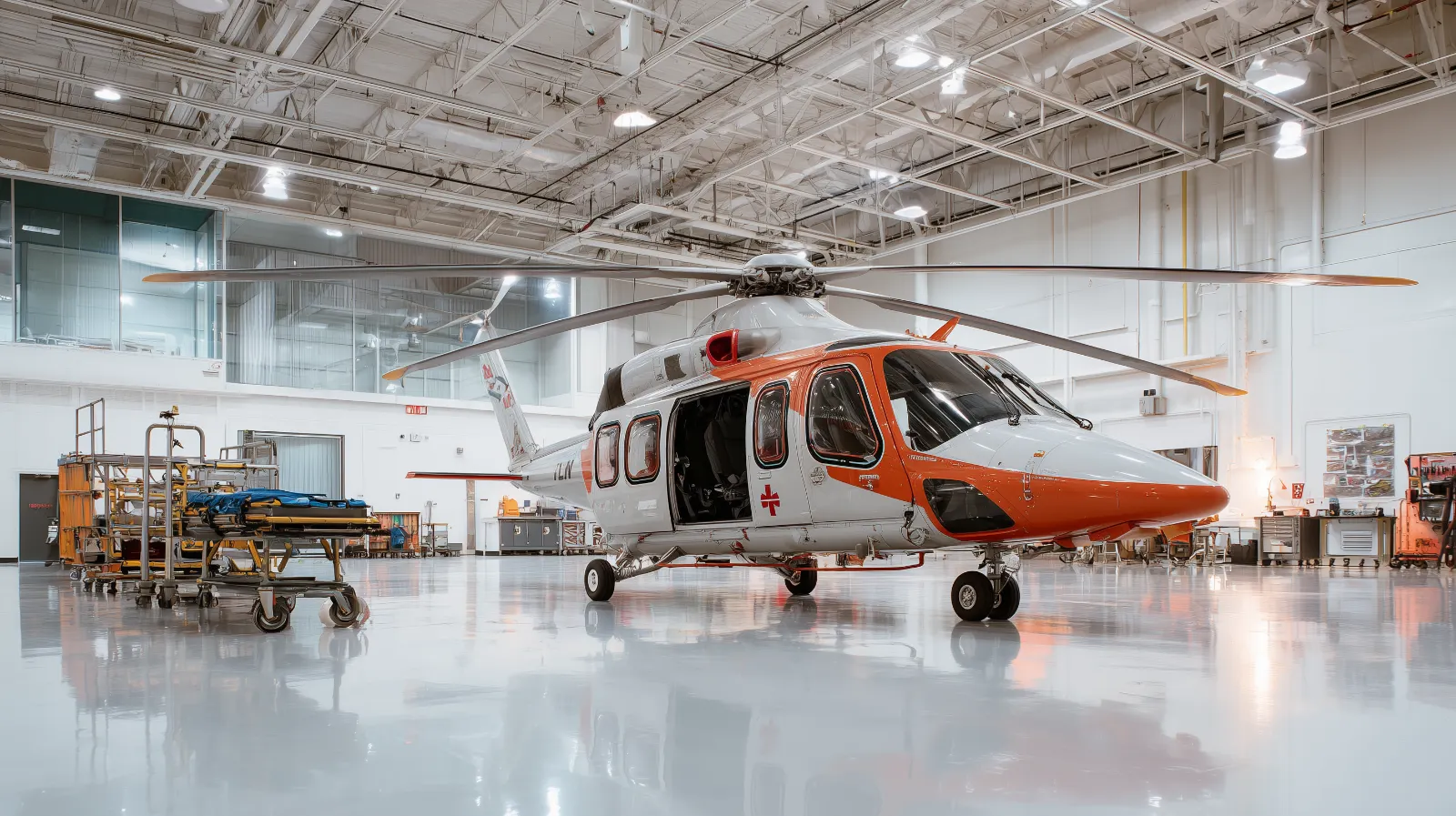 Air ambulance helicopter and medical transport equipment in hangar environment