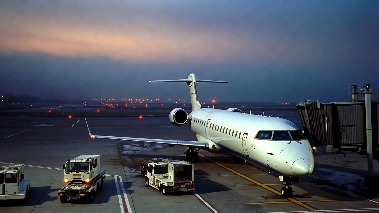 Mitsubishi CRJ900 at Airport Gate in Night-to-Dawn Lighting Mitsubishi CRJ900 regional jet at an airport gate in night-to-dawn lighting