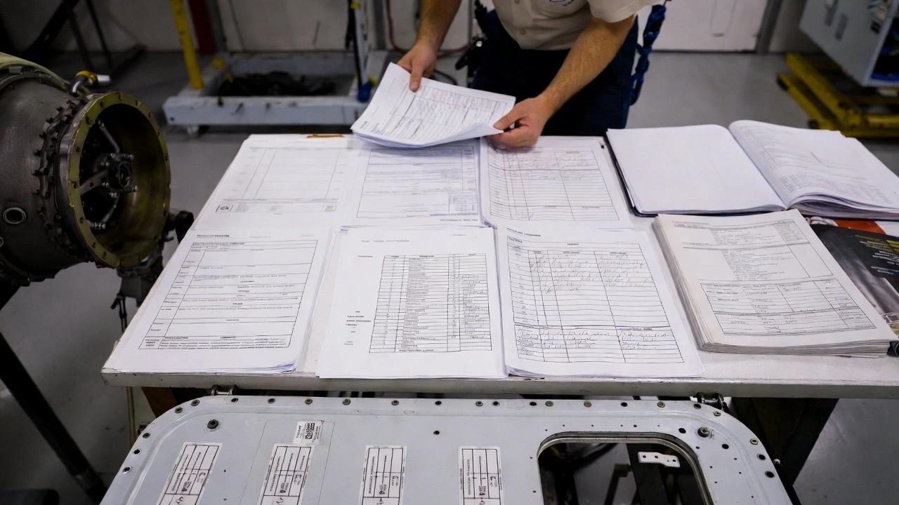 Engineer reviewing airworthiness directives, service bulletins, and aircraft maintenance records in a professional aviation workspace