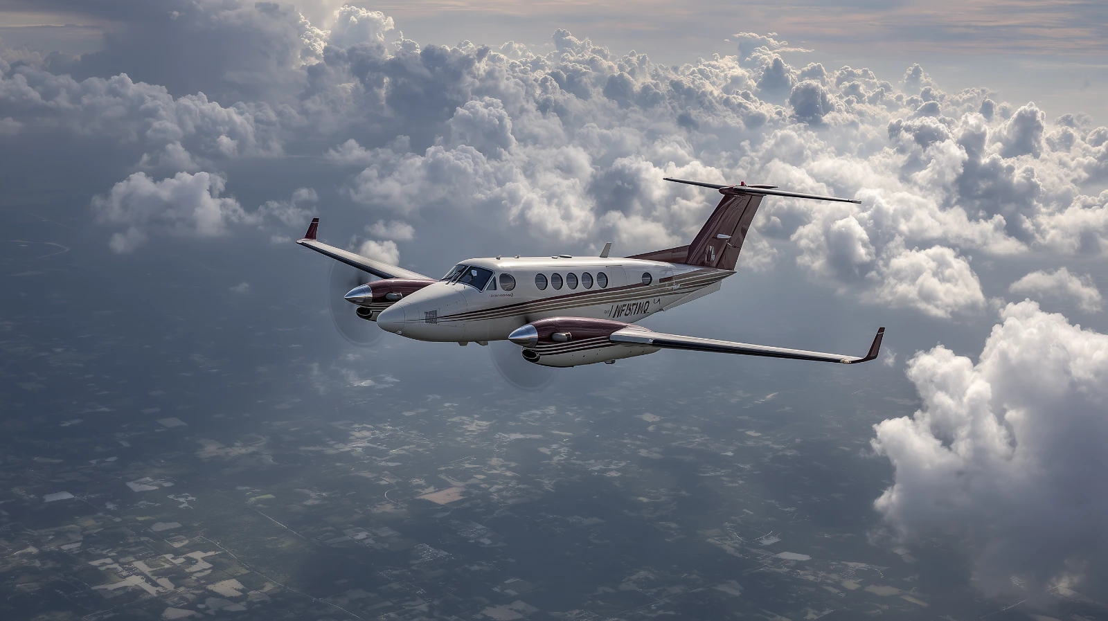 Beechcraft B300 on Coastal Regional Airport Ramp Beechcraft King Air 350i style twin-turboprop aircraft on a coastal airport ramp in overcast daylight