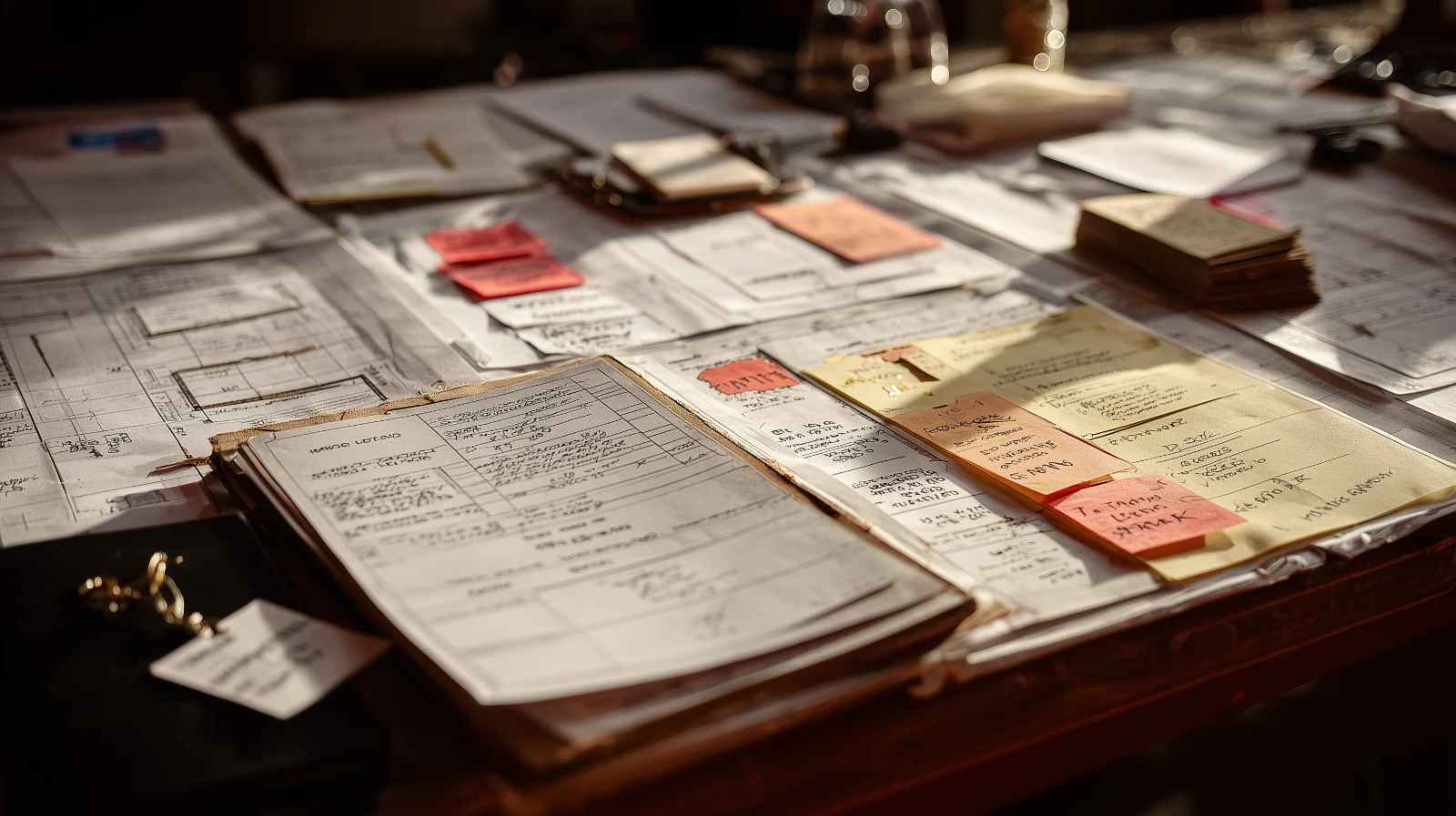 Aircraft maintenance logs, technical diagrams, evidence tags, and investigator notes arranged for review