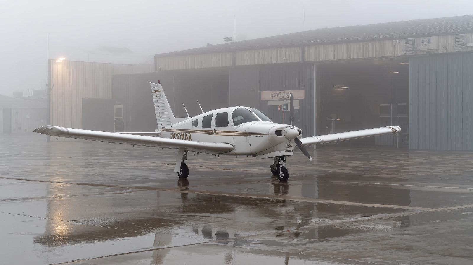 Columbia 400 at general aviation airport Columbia 400 single-engine aircraft parked on an airport ramp near hangars