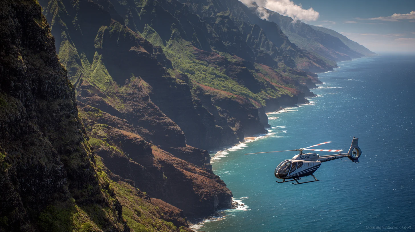 Hughes MD 500 helicopter flying along the Na Pali Coast near Kalalau Beach on Kauai