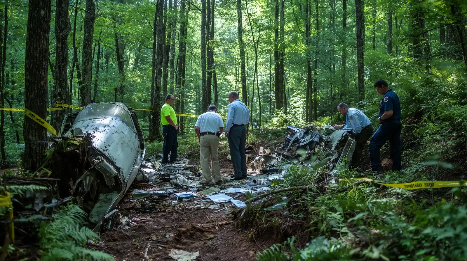 Aviation Crash Investigation Scene Federal investigators examining aircraft wreckage during an aviation accident investigation