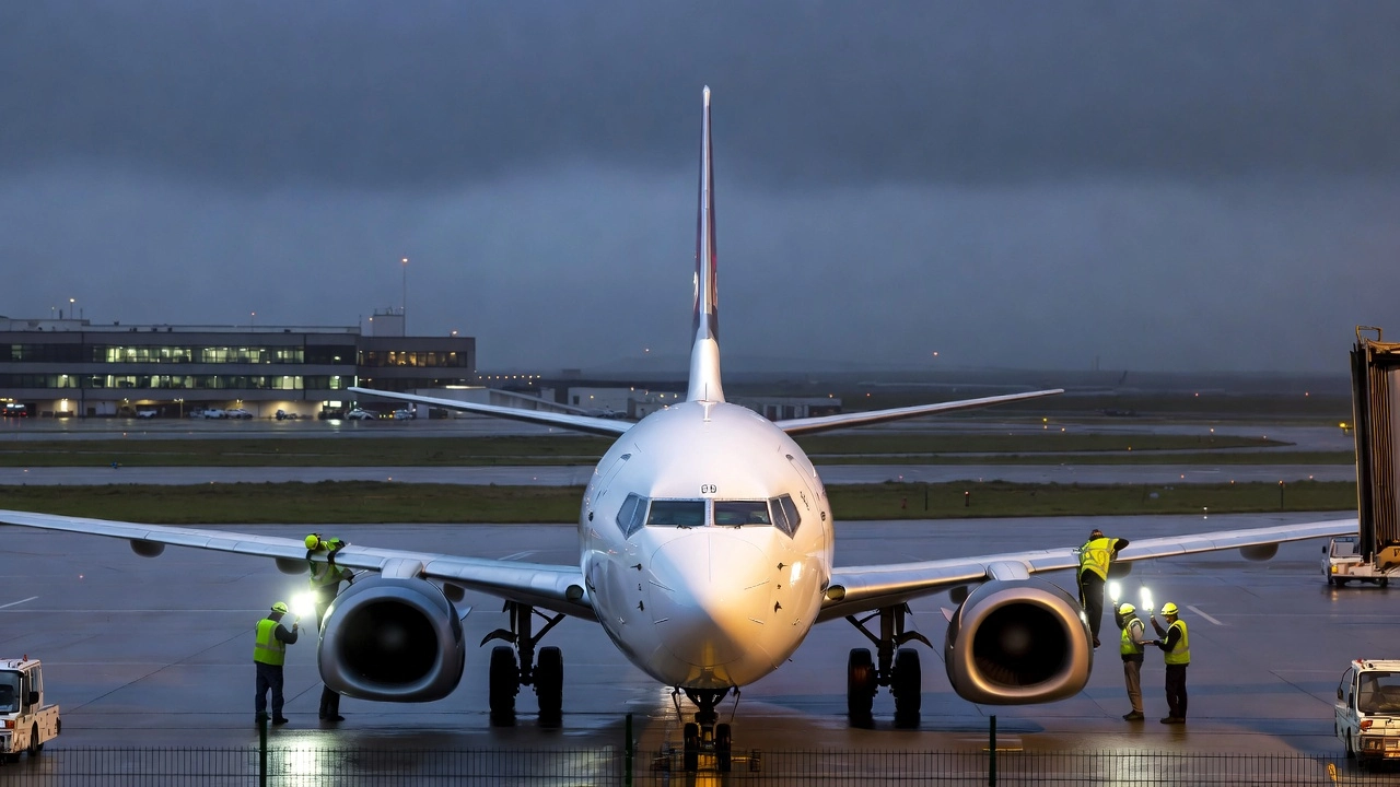 Boeing 737 at a gate with maintenance personnel inspecting the leading edge after a weather event