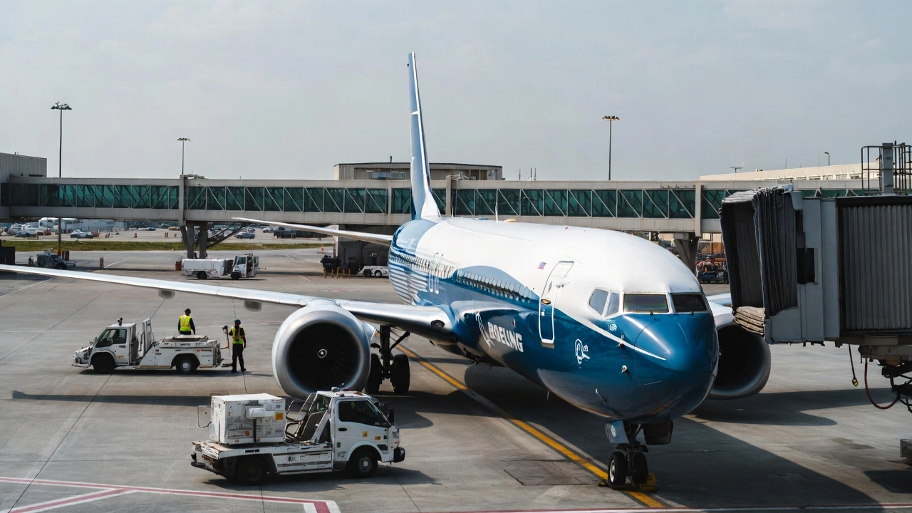 Boeing 737 MAX 8 at Airport Gate During Inspection Boeing 737 MAX 8 at an airport gate during routine inspection activity in daylight