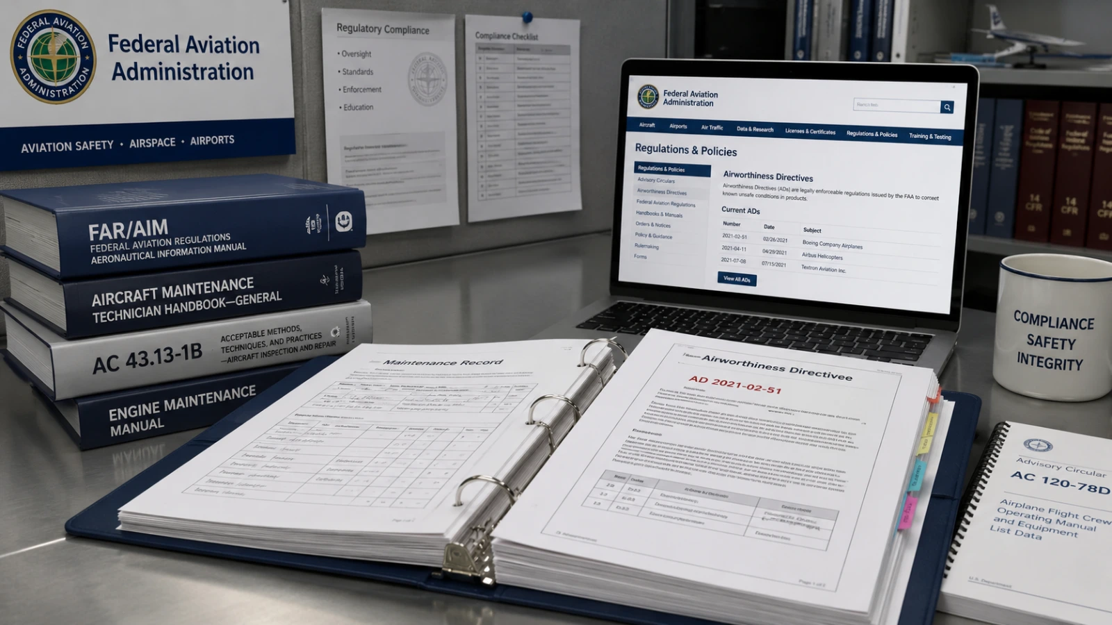FAA Enforcement Records and Certificate Action in Aviation Litigation Aviation regulatory binder with FAA enforcement records and compliance documentation on a workspace desk, representing certificate action review in aviation accident litigation
