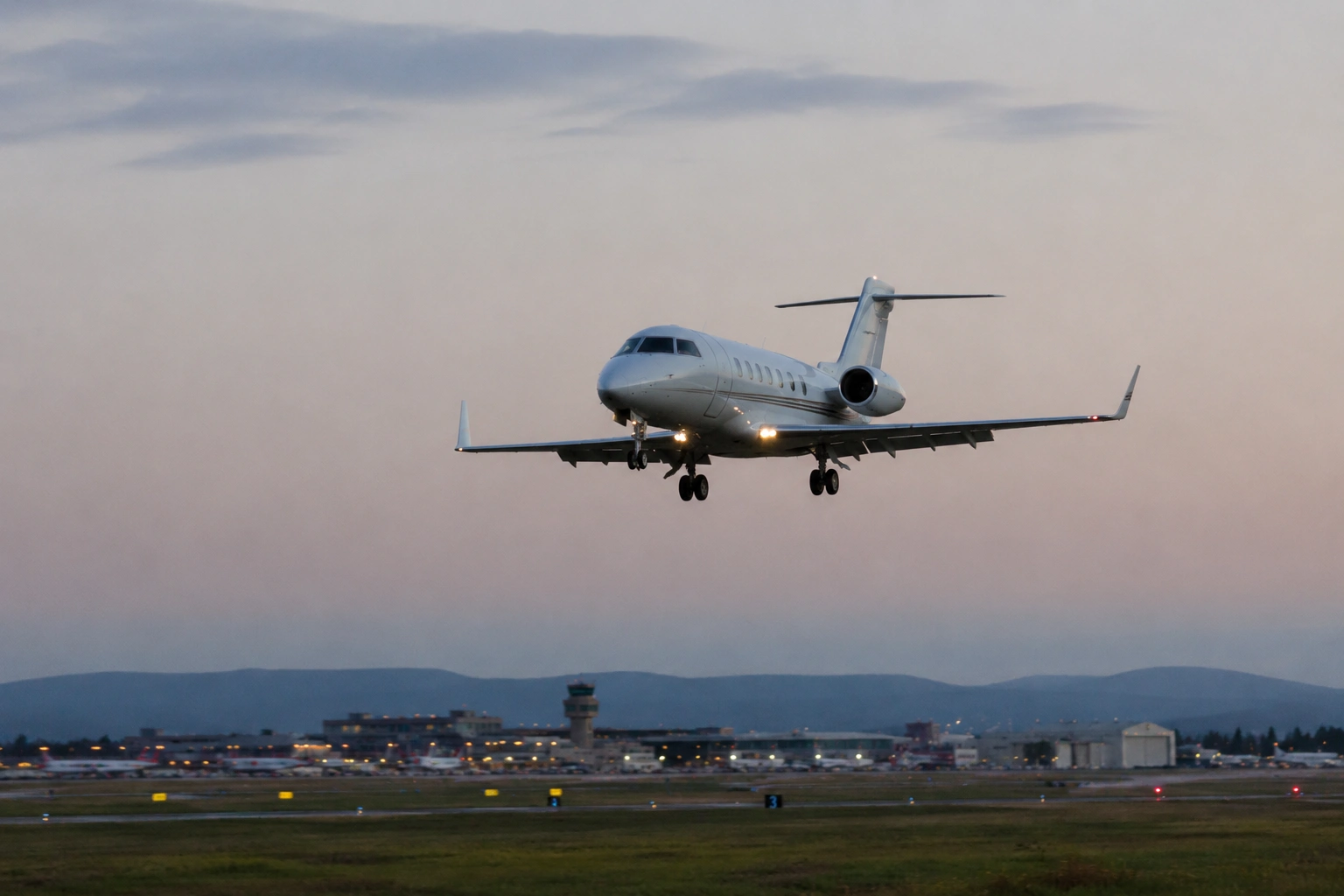 Business Jet On Approach To A Regional Airport Midsize twin-engine business jet on approach to a regional airport, representative of the Cessna Citation Latitude involved in the Laredo, Texas accident